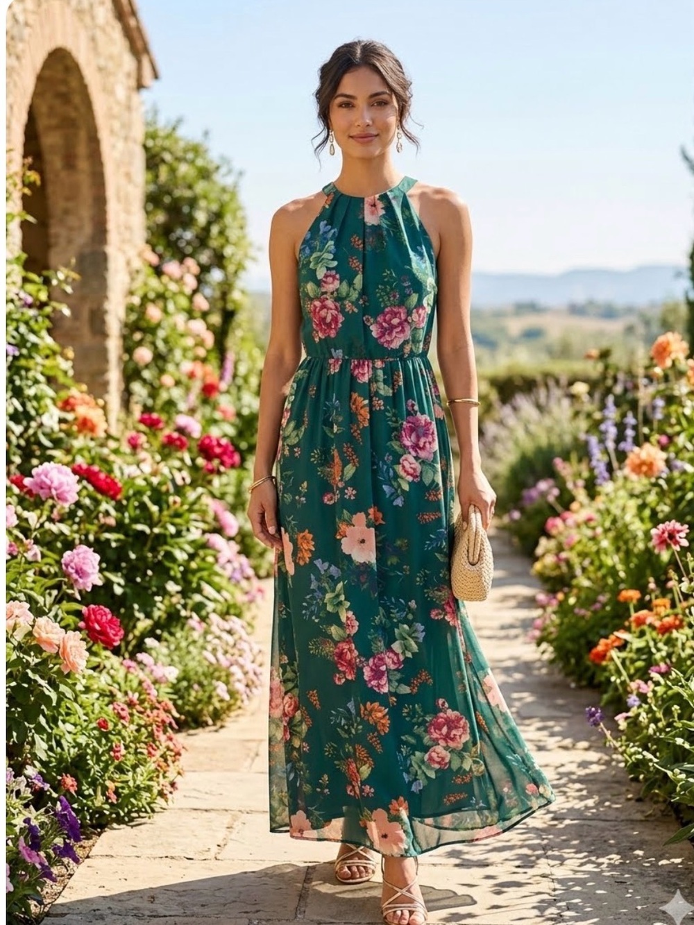 Eliza J Dress Women 10 Green Floral Chiffon Halter Maxi Wedding Garden Spring